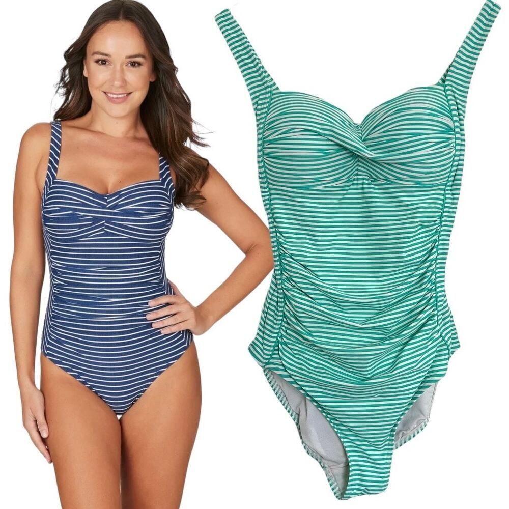 NIPTUCK Multi Fit Cup Swimsuit Sorrento Green White Stripe Size 4 Tummy Control